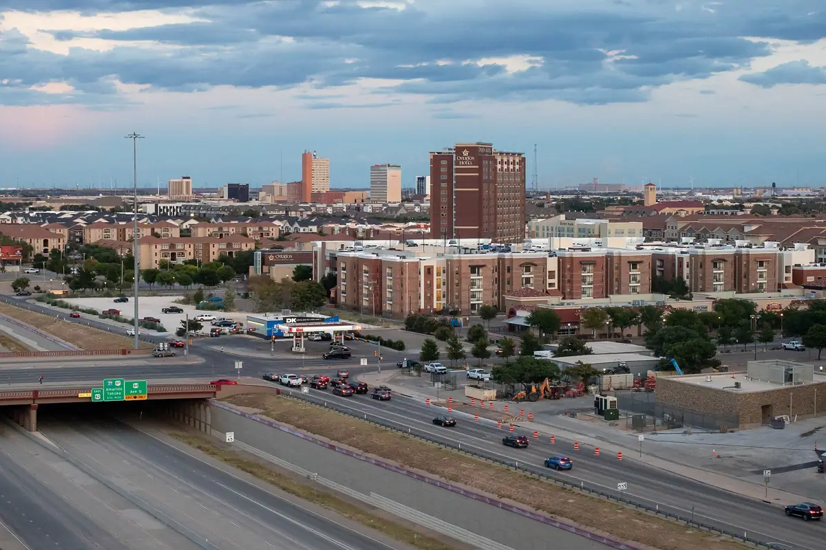 Downtown Lubbock, Texas skyline under a wide blue sky